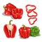 Cartoon bell peppers set. Red and green vegetables. Group with whole and halved red bells. Flying red slices. Vector illustrations