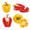 Cartoon bell peppers set. Red and yellow vegetables. Whole and halved red bells. Top and front view. Vector illustrations collecti