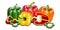 Cartoon bell peppers with shadow set. Red and green bright vegetables. Group with whole and halved red, green and orange  pepers.