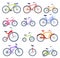 Cartoon bicycles. Different types of bikes for kids and adults, city bike, sport bicycle and unicycle vector set