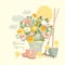 Cartoon Big Bouquet of Flowers with Agriculture Equipment