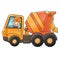 Cartoon big concrete mixer with worker. Construction vehicles. Colorful vector illustration for children