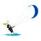 Cartoon bird cherry character on kitesurfing sport