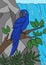 Cartoon birds. Parrot blue macaw sits on the tree branch in front of the waterfall