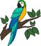 Cartoon birds. Parrot yellow macaw sits on the tree branch