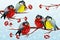 Cartoon birds Tits and Bullfinches on branch Rowan tree under the snowfall. For Christmas decoration, posters, banners