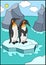 Cartoon birds. Two little cute penguins stand on the ice-floe in the ocean