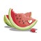 Cartoon bite a piece of watermelon. Slice of watermelon. Sweet and juicy fruit. Fresh summer vitamins. Illustration for