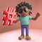 Cartoon black Afro Caribbean man with dreadlocks holds hashtag symbol, 3d illustration