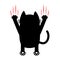 Cartoon black cat. Back view. Red bloody claws animal scratch scrape track. Cute funny character. White background. Isolated. Flat