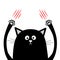 Cartoon black cat claw scratching. Red bloody scratch. Funny face head. Crazy eyes, nose, paw print hand up. Cute character. White