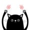 Cartoon black cat claw scratching. Red bloody scratch. Funny face head. Eyes, nose, paw print hand up. Cute character. White backg