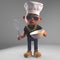 Cartoon black hiphop rapper mixing a cake with chef hat, 3d illustration