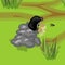 Cartoon black mole on molehill in natural habitat