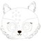 Cartoon black and white cute outline face of smiling little fox with big eyes and round cheeks. For coloring page, sticker, childr