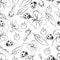 Cartoon black and white hand drawing beetle ladybug and caterpillars, leaves and flowers of clover seamless pattern