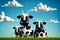 Cartoon of black and white Holstein Friesian cows standing in a green grass pasture field