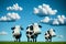 Cartoon of black and white Holstein Friesian cows standing in a green grass pasture field