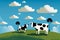 Cartoon of black and white Holstein Friesian cows standing in a green grass pasture field