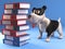 Cartoon black and white puppy dog looking at a stack of folders and files, 3d illustration