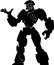 Cartoon black and white silhouette illustration of a mighty futuristic robot