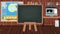 Cartoon Blackboard in a Children Classroom with a School Bus