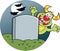 Cartoon blank gravestone with a monster behind it.