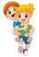 Cartoon blond boy giving his friend a piggyback ride