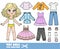 Cartoon blond girl and clothes separately - dresses, shirts, sandals, jacket, jeans and sneakers doll for dressing