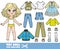 Cartoon blond girl and clothes separately - sports jacket, jeans, elegant dress with a bolero, long sleeve, t-shirt,