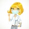 Cartoon blond girl in face mask with electronic tablet