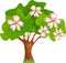 Cartoon blooming tree with green leaves and pink flowers
