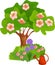 Cartoon blooming tree with pink flowers and grass near trunk on white background