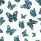 Cartoon blue butterfly with round spots on the wings, seamless vector pattern