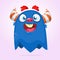 Cartoon blue funny monster. Halloween vector illustration of excited monster