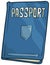 Cartoon blue passport book with shield vector icon