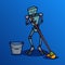 Cartoon blue robot using a mop and a bucket to mop