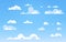 Cartoon Blue sky with clouds on the shiny day. Silhouette of white fluffy clouds isolated on blue background. Vector set