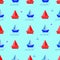 Cartoon boat, sailboat blue background vector illustration