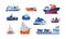 Cartoon boats. Sea transport. Fishing trawler and cargo ship. Wooden sailboat. Funny submarine and warship. Ferry or steamboat.