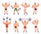 Cartoon bodybuilder character posing. Funny strong man with moustache demonstrates muscles, circus athlete in different