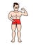 Cartoon bodybuilder demonstrates bicep, vector illustration