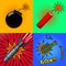 Cartoon bomb, dynamite stick, grenade, with fire in pop art style. Explosions in cartoon style. Design elements for poster, flyer.