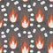 Cartoon bonefire and marshmallows seamless pattern. Fried marshmallow on gray background. Vector hand drawn illustration