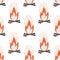 Cartoon bonefire seamless pattern. Black sticks or firewood burn in red fire. Burning wood. Vector hand drawn