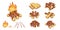 Cartoon bonfire schemes. Isolated set of firewood. Camping fire clipart. Campfire elements. Flame, branch and wood icons