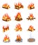 Cartoon bonfire. Summer campfires flame with firewood. Burning stacked wood. Flat gaming camping design isolated vector