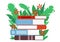 Cartoon books pile. Book in green leaves and flowers. Library, bookstore or education vector concept. Self study