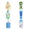 Cartoon bottles set. Shampoo and liquid soap with dispenser. Trendy stylized vector icons collection.