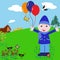 Cartoon Boy with Balloons in the Park